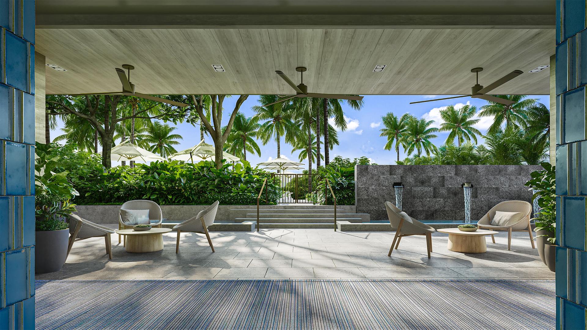 Amenity deck lobby with lounge seating and ocean views