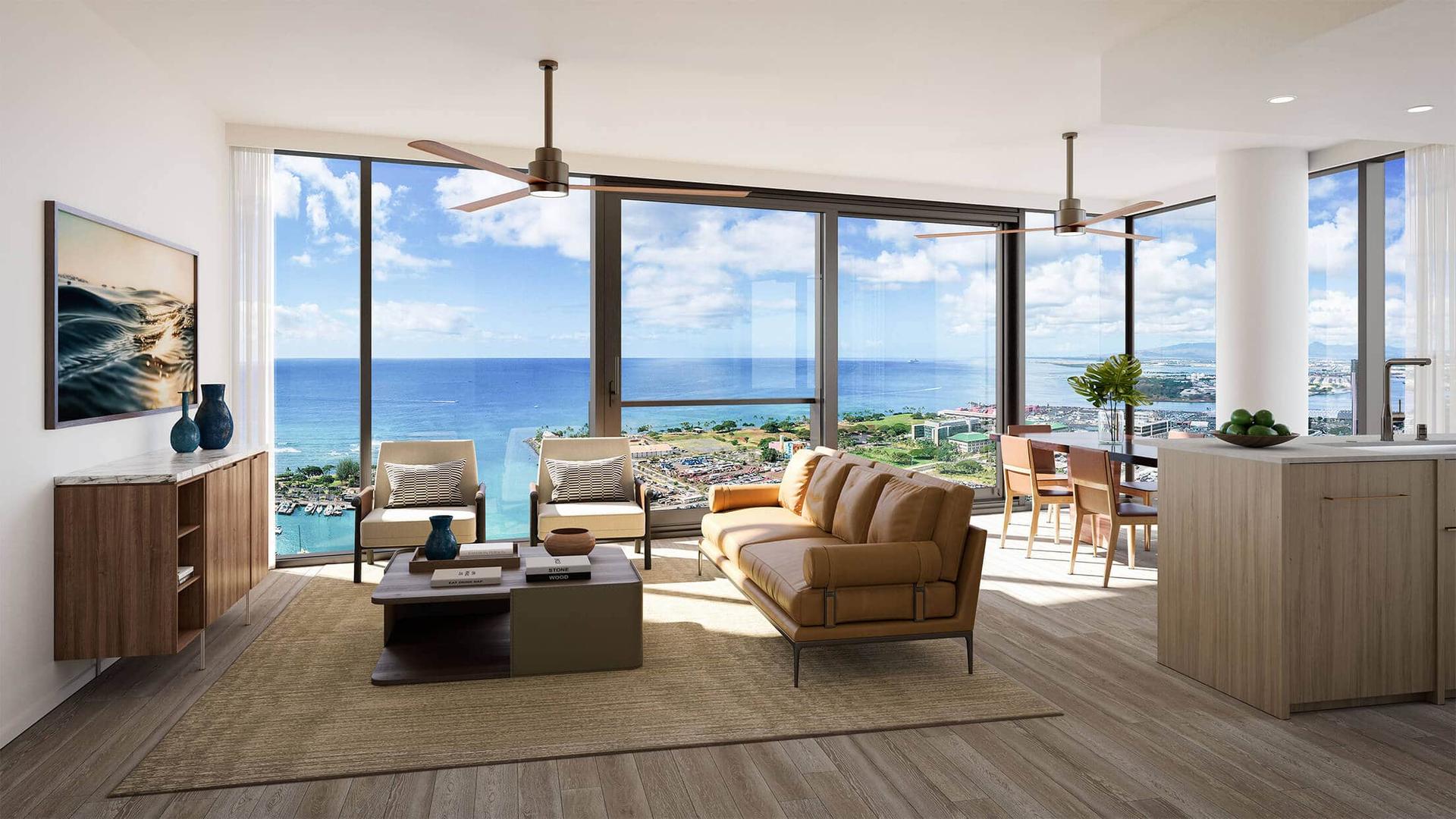 Open-concept living and dining area with ocean views in 2BR unit
