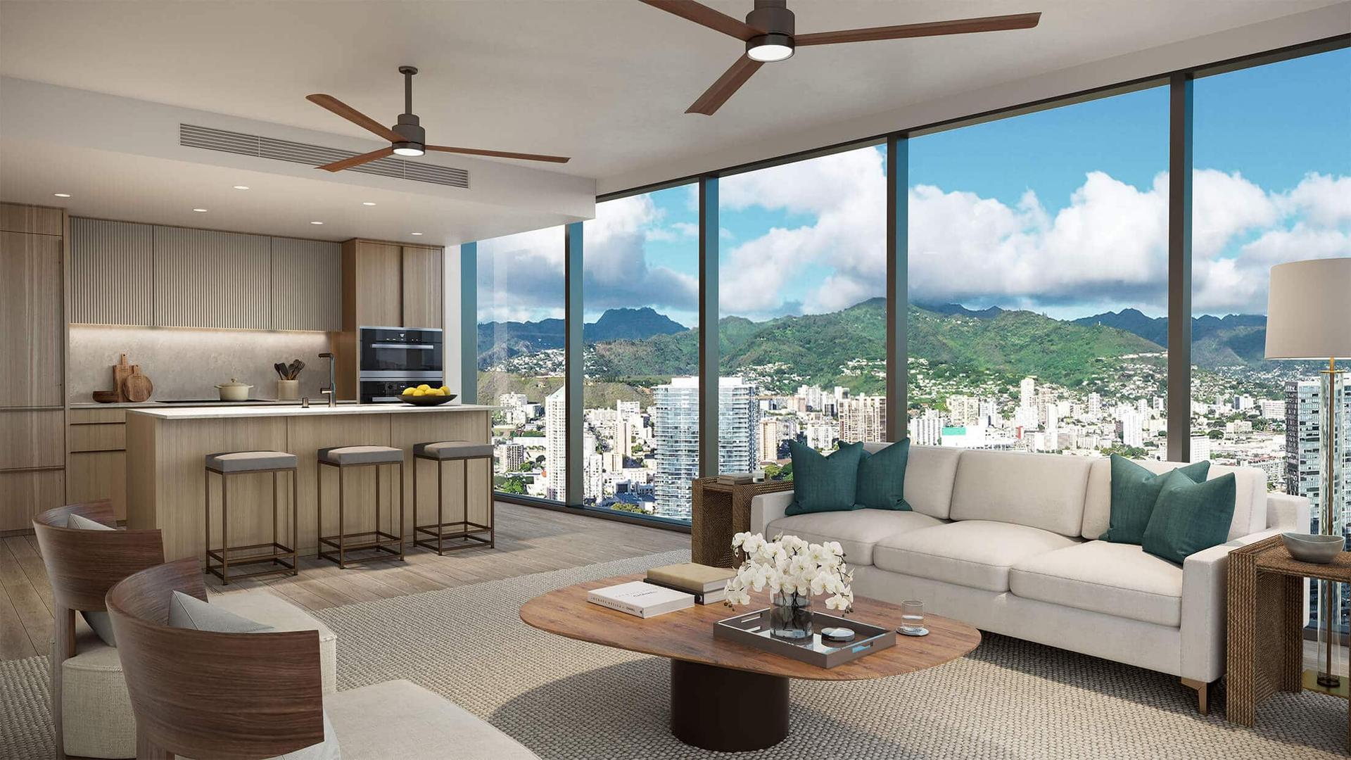 Combined living room and kitchen with natural light in Park Ward Village