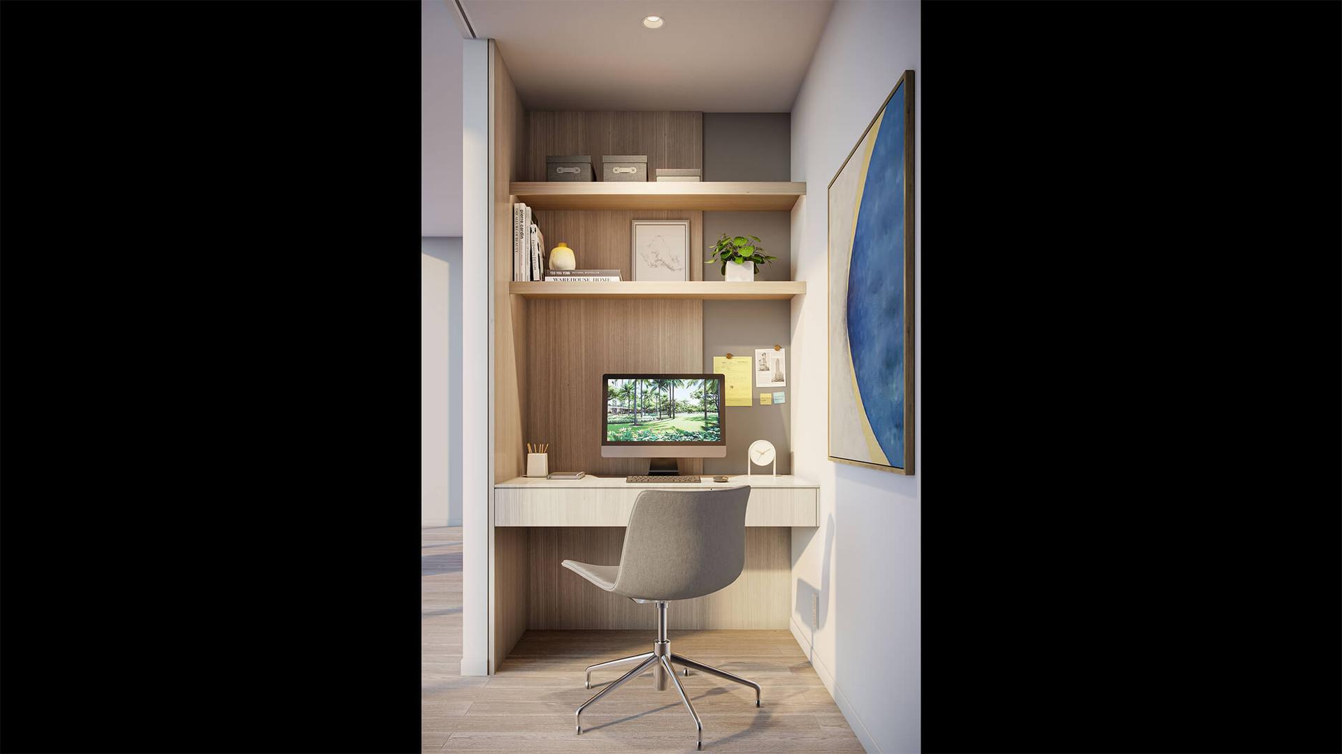 Built-in office nook for remote work in Park Ward Village unit